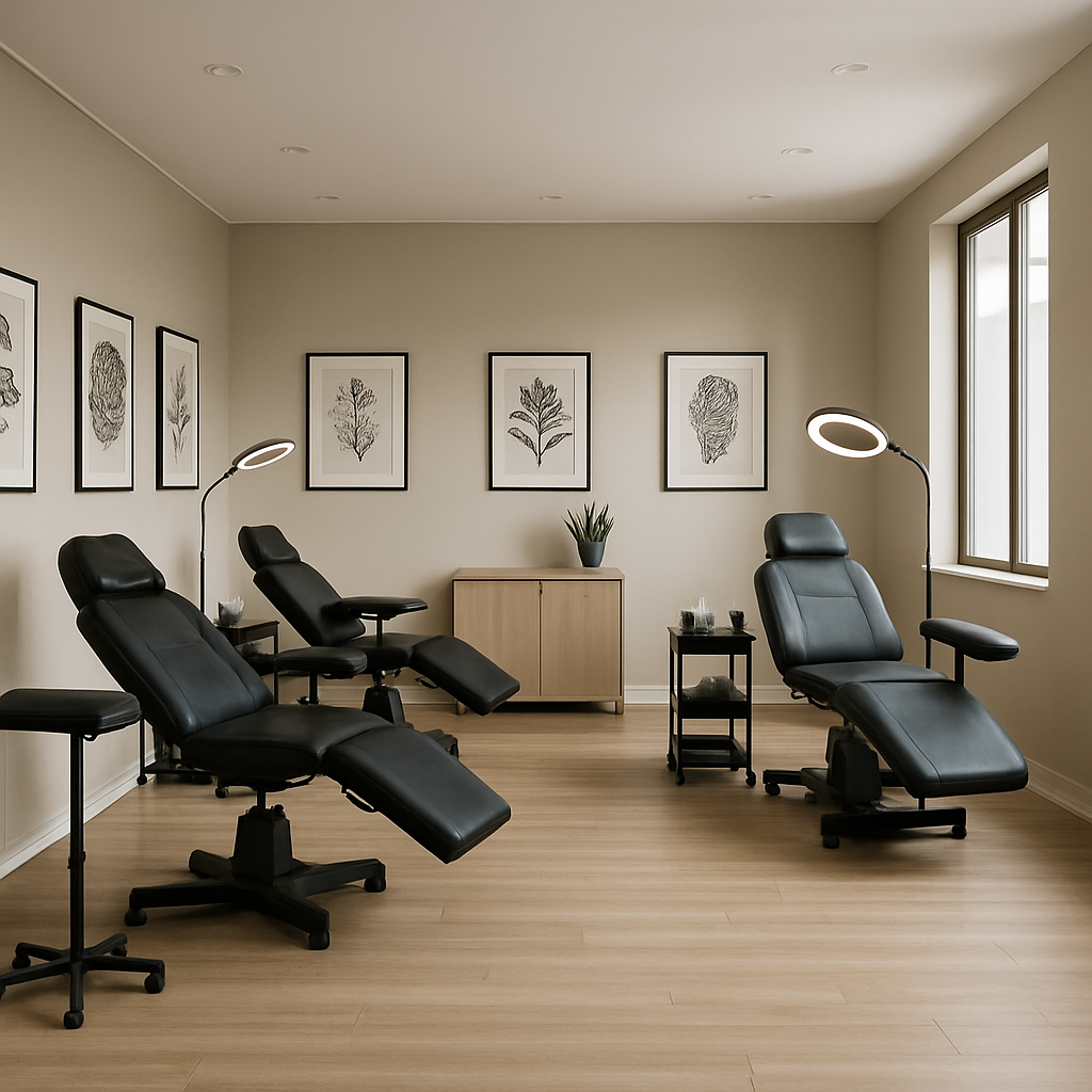 Wide view of a clean modern tattoo studio interior with framed artwork and organized workstations