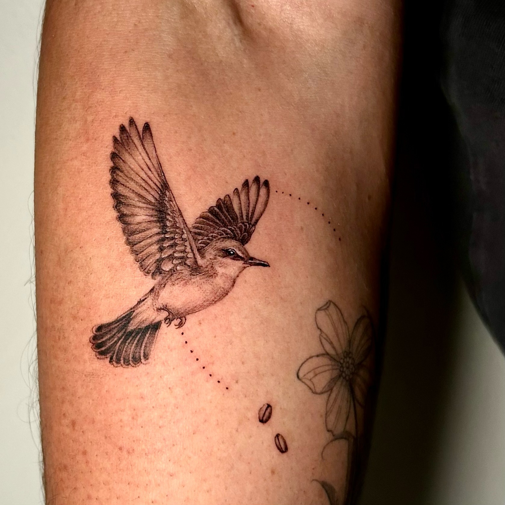 Finished bird tattoo with detailed linework and soft shading