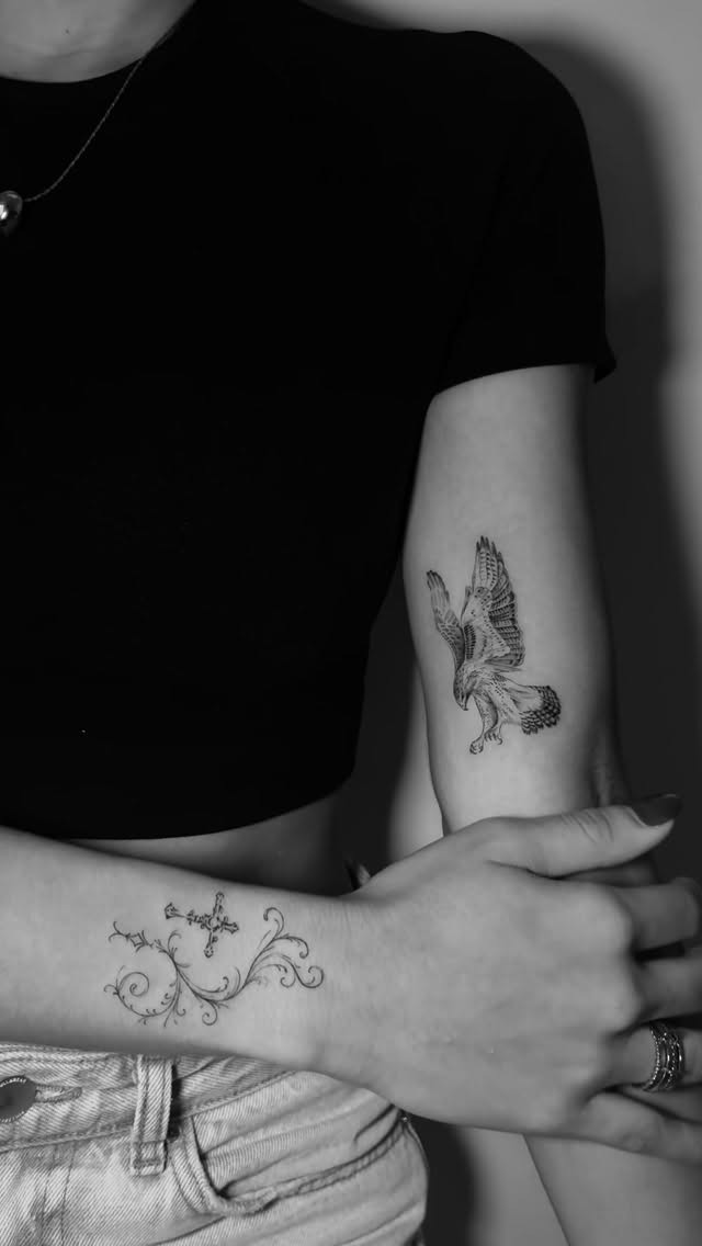 Finished tattoo detail highlighting black and grey work