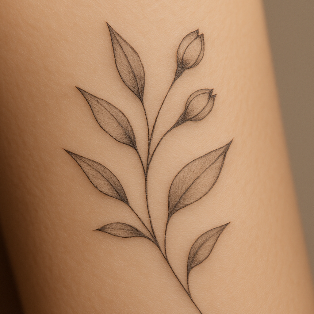 Tight crop of a healed fine-line tattoo showing crisp lines and subtle shading on skin