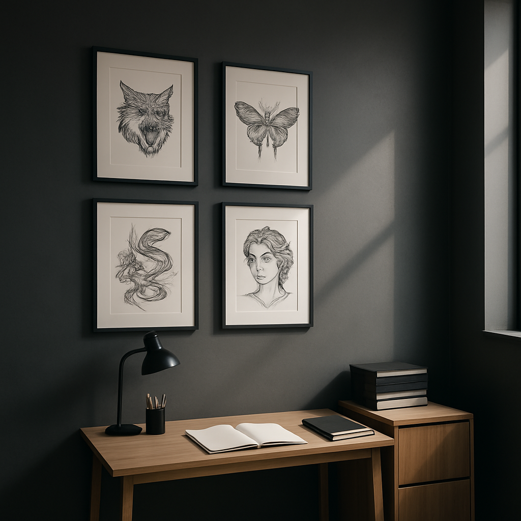 Clean studio corner with framed tattoo sketches, organized sketchbooks and a tidy workstation under soft directional light